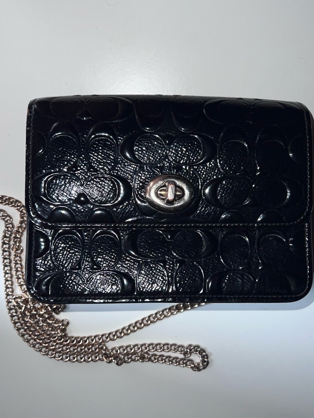 Coach Black Patent Signature Crossbody with Gold Chain